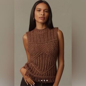 Pilcro Fringed Brown Sleeveless Knit Sweater
